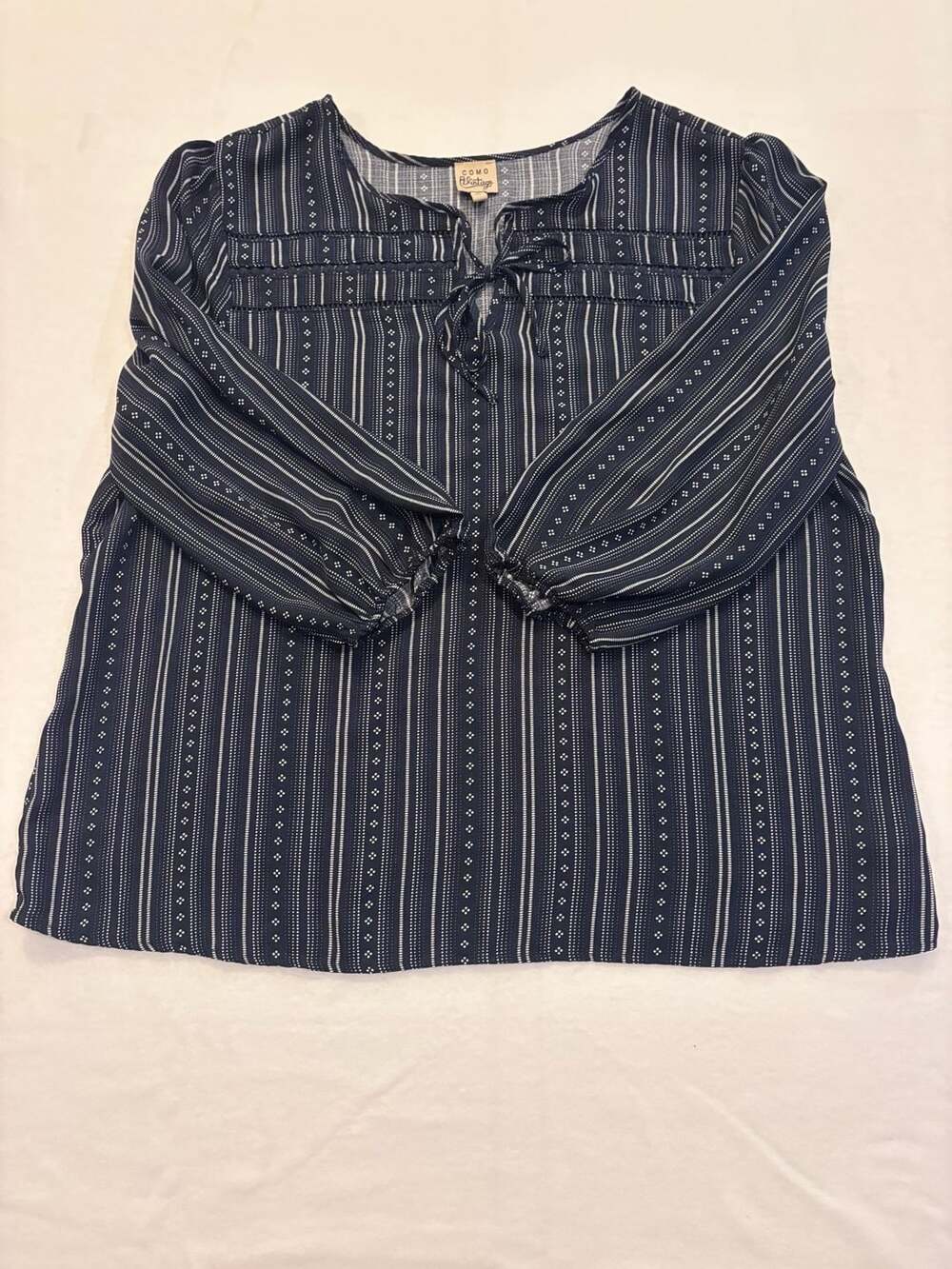 Como Vintage Women's Blue Striped Long Sleeve Tie Neck Blouse XL